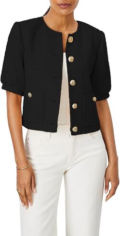 Women's Cropped Crew Neck Casual Tweed Blazer Elegant Work Office Puff Short Sleeve Jacket with Pockets in Saudi Arabia