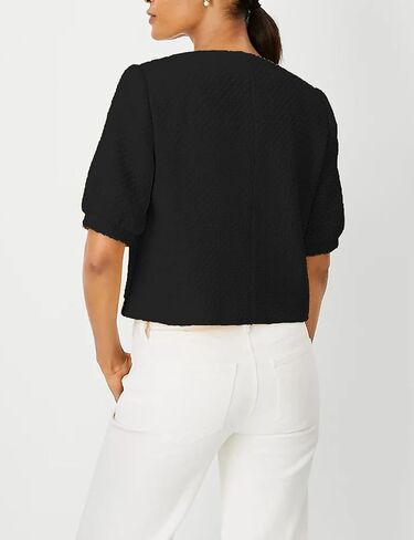 Women's Cropped Crew Neck Casual Tweed Blazer Elegant Work Office Puff Short Sleeve Jacket with Pockets in Saudi Arabia