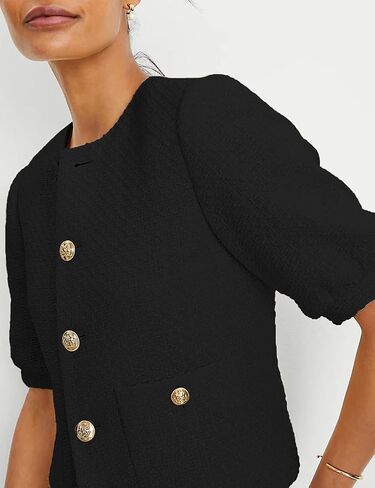 Women's Cropped Crew Neck Casual Tweed Blazer Elegant Work Office Puff Short Sleeve Jacket with Pockets in Saudi Arabia