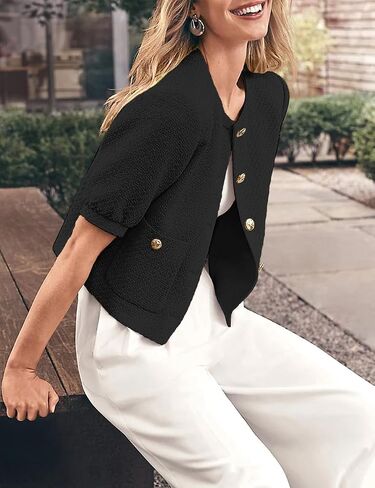 Women's Cropped Crew Neck Casual Tweed Blazer Elegant Work Office Puff Short Sleeve Jacket with Pockets in Saudi Arabia