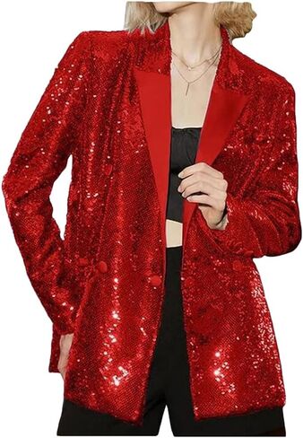 Women's Double Breasted Sequins Blazer Notch Lapel Loose Style Jacket with Long Sleeves Prom Coat in Saudi Arabia