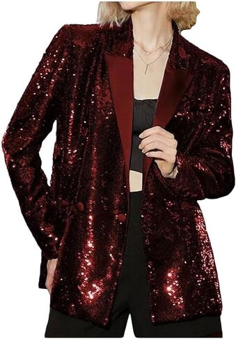 Women's Double Breasted Sequins Blazer Notch Lapel Loose Style Jacket with Long Sleeves Prom Coat in Saudi Arabia