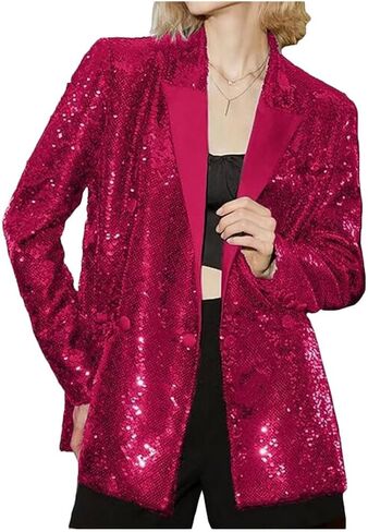 Women's Double Breasted Sequins Blazer Notch Lapel Loose Style Jacket with Long Sleeves Prom Coat in Saudi Arabia
