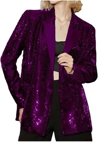Women's Double Breasted Sequins Blazer Notch Lapel Loose Style Jacket with Long Sleeves Prom Coat in Saudi Arabia