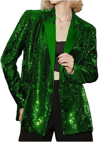 Women's Double Breasted Sequins Blazer Notch Lapel Loose Style Jacket with Long Sleeves Prom Coat in Saudi Arabia