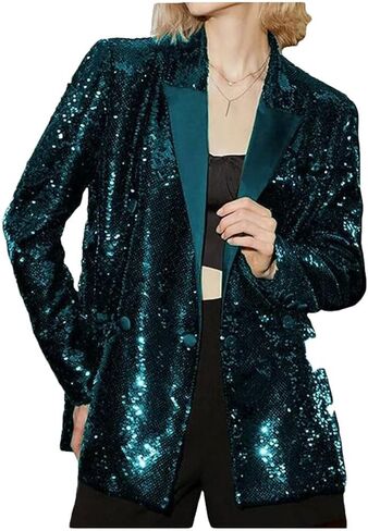 Women's Double Breasted Sequins Blazer Notch Lapel Loose Style Jacket with Long Sleeves Prom Coat in Saudi Arabia