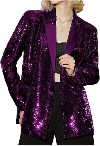 Women's Double Breasted Sequins Blazer Notch Lapel Loose Style Jacket with Long Sleeves Prom Coat in Saudi Arabia