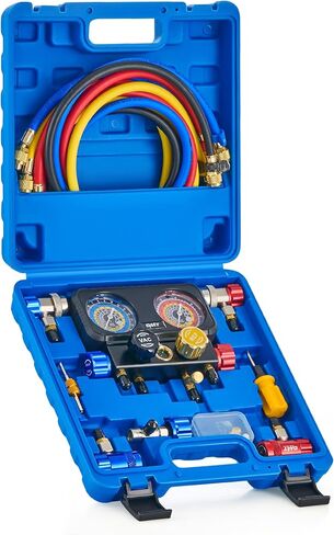 Orion Motor Tech R1234yf AC Diagnostic Manifold Gauge Set for Refrigerant Charging, 4 Way HVAC Gauges with Hoses for R1234yf R404a R134a, AC Line Repair Tool Quick Couplers & Self Sealing Can Tap in Saudi Arabia