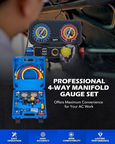 Orion Motor Tech R1234yf AC Diagnostic Manifold Gauge Set for Refrigerant Charging, 4 Way HVAC Gauges with Hoses for R1234yf R404a R134a, AC Line Repair Tool Quick Couplers & Self Sealing Can Tap in Saudi Arabia