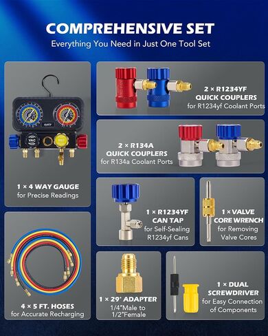 Orion Motor Tech R1234yf AC Diagnostic Manifold Gauge Set for Refrigerant Charging, 4 Way HVAC Gauges with Hoses for R1234yf R404a R134a, AC Line Repair Tool Quick Couplers & Self Sealing Can Tap in Saudi Arabia