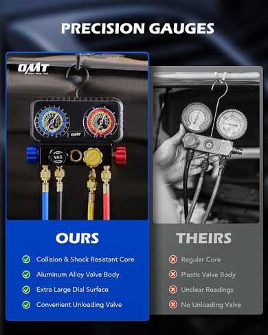 Orion Motor Tech R1234yf AC Diagnostic Manifold Gauge Set for Refrigerant Charging, 4 Way HVAC Gauges with Hoses for R1234yf R404a R134a, AC Line Repair Tool Quick Couplers & Self Sealing Can Tap in Saudi Arabia