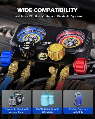 Orion Motor Tech R1234yf AC Diagnostic Manifold Gauge Set for Refrigerant Charging, 4 Way HVAC Gauges with Hoses for R1234yf R404a R134a, AC Line Repair Tool Quick Couplers & Self Sealing Can Tap in Saudi Arabia