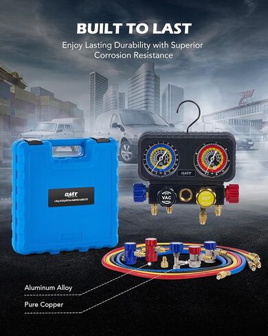 Orion Motor Tech R1234yf AC Diagnostic Manifold Gauge Set for Refrigerant Charging, 4 Way HVAC Gauges with Hoses for R1234yf R404a R134a, AC Line Repair Tool Quick Couplers & Self Sealing Can Tap in Saudi Arabia