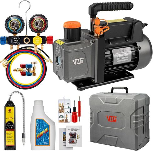 مجموعة قياس ومضخة تفريغ تيار متردد 4.5CFM، مضخة تفريغ HVAC 110 فولت 1/3 حصان 4 اتجاهات متوافقة مع مبردات R134a R22 R410a، مجموعة قياس متعددة مع كاشف التسرب، صنبور R134a، محولات قارنة التوصيل السريعة in Kuwait