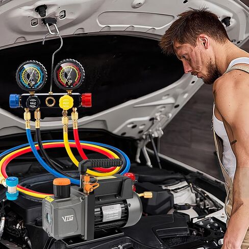 مجموعة قياس ومضخة تفريغ تيار متردد 4.5CFM، مضخة تفريغ HVAC 110 فولت 1/3 حصان 4 اتجاهات متوافقة مع مبردات R134a R22 R410a، مجموعة قياس متعددة مع كاشف التسرب، صنبور R134a، محولات قارنة التوصيل السريعة in Kuwait