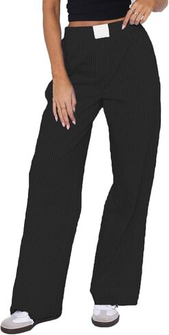 RUEWEY نساء Y2K مخطط واسع الساق بنطلون طويل وواسع مرونة الخصر فضفاضة تناسب مستقيم الساق بنطلون الخروج السراويل الشارع الشهير in Kuwait