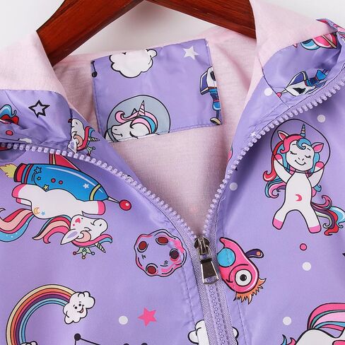 سترة واقية خفيفة الوزن بغطاء للرأس للفتيات الصغيرات من DDSOL - سترة بسحاب بطباعة كرتونية وحيد القرن والبومة للربيع/الخريف (الأعمار 2-8) in Kuwait