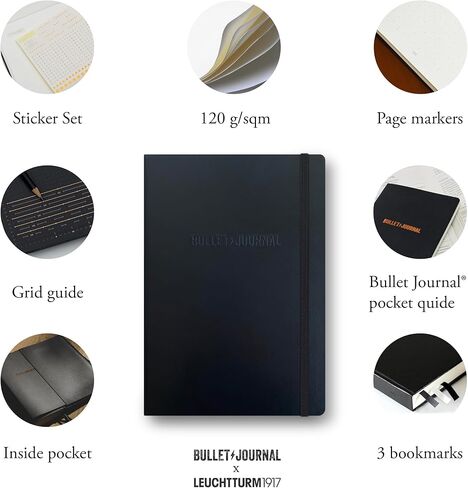LEUCHTTURM1917 دفتر ملاحظات إصدار الفنان الرسمي من Bullet Journal - دفتر ملاحظات مصمم لـ BuJo، متوسط ​​A5 204 صفحة من ورق 120 جرامًا للمتر المربع، مع دليل جيب Bujo in Kuwait
