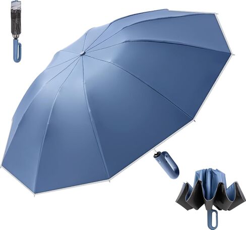 Inverted Automatic Umbrella with Carabiner Handle well built Large Strong windproof Umbrella with reflective strip design easy folded down and compact umbrella for Men Women in Saudi Arabia