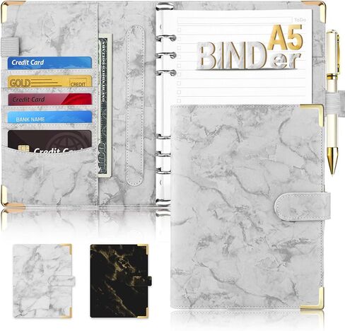 Onlyesh A6 Binder, Marble Budget Binder, Refillable 6 Ring Mini Binder for A6 Filler Paper, Leather Binder Cover with Magnetic Buckle Closure, Black in Saudi Arabia