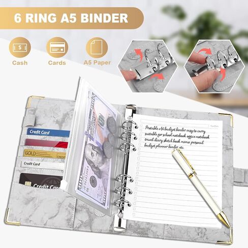Onlyesh A6 Binder, Marble Budget Binder, Refillable 6 Ring Mini Binder for A6 Filler Paper, Leather Binder Cover with Magnetic Buckle Closure, Black in Saudi Arabia