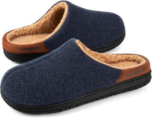 LongBay Men's Fuzzy Sherpa Lined Slippers Warm Memory Foam Non-slip Slippers Slip-on House Shoes for Indoor Outdoor in Saudi Arabia