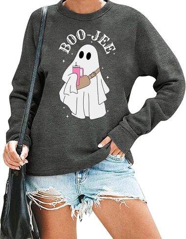 FCHICH هالوين شبح البلوز المرأة بو جي قميص مخيف شبح سترة الخريف عادية كم طويل Crewneck البلوز القمم in Kuwait