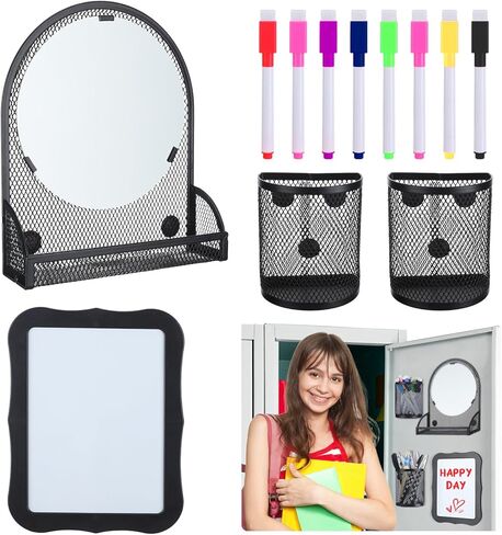 طقم إكسسوارات خزانة مغناطيسية قوية 12 قطعة - مرآة خزانة مع حامل أقلام وأقلام لوح مسح جاف، ديكور منظم الخزانة لخزانة مكتب المدرسة للفتيات، أساسيات العودة إلى المدرسة، أسود in Kuwait