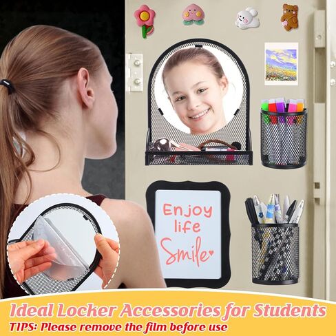 طقم إكسسوارات خزانة مغناطيسية قوية 12 قطعة - مرآة خزانة مع حامل أقلام وأقلام لوح مسح جاف، ديكور منظم الخزانة لخزانة مكتب المدرسة للفتيات، أساسيات العودة إلى المدرسة، أسود in Kuwait