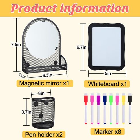 طقم إكسسوارات خزانة مغناطيسية قوية 12 قطعة - مرآة خزانة مع حامل أقلام وأقلام لوح مسح جاف، ديكور منظم الخزانة لخزانة مكتب المدرسة للفتيات، أساسيات العودة إلى المدرسة، أسود in Kuwait
