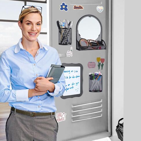 طقم إكسسوارات خزانة مغناطيسية قوية 12 قطعة - مرآة خزانة مع حامل أقلام وأقلام لوح مسح جاف، ديكور منظم الخزانة لخزانة مكتب المدرسة للفتيات، أساسيات العودة إلى المدرسة، أسود in Kuwait