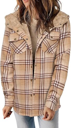 Zeagoo Womens Plaid Shacket Jacket Long Sleeve Button Down Fleece Hooded Jackets Warm Coat in Kuwait