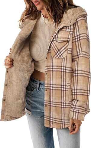 Zeagoo Womens Plaid Shacket Jacket Long Sleeve Button Down Fleece Hooded Jackets Warm Coat in Kuwait