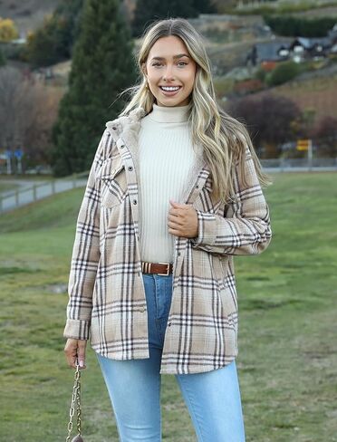 Zeagoo Womens Plaid Shacket Jacket Long Sleeve Button Down Fleece Hooded Jackets Warm Coat in Kuwait
