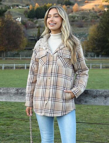 Zeagoo Womens Plaid Shacket Jacket Long Sleeve Button Down Fleece Hooded Jackets Warm Coat in Kuwait