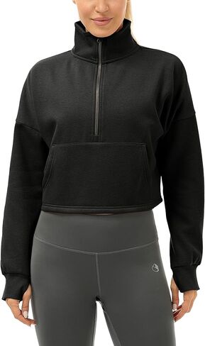 بلوفر نسائي مبطن بالصوف نصف سحاب من icyzone مع جيوب، سترة رياضية كبيرة الحجم دافئة in Kuwait