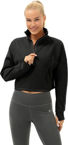 بلوفر نسائي مبطن بالصوف نصف سحاب من icyzone مع جيوب، سترة رياضية كبيرة الحجم دافئة in Kuwait