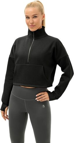 بلوفر نسائي مبطن بالصوف نصف سحاب من icyzone مع جيوب، سترة رياضية كبيرة الحجم دافئة in Kuwait