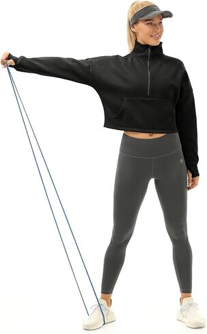 بلوفر نسائي مبطن بالصوف نصف سحاب من icyzone مع جيوب، سترة رياضية كبيرة الحجم دافئة in Kuwait