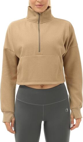 icyzone Fleece Lined Half Zip Pullover for Women with Pockets, Oversized Athletic Cropped Sweatshirt Warm Jacket in Saudi Arabia