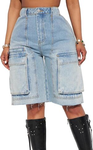 Women's High Waist Denim Shorts Straight Leg Raw Hem Jean Shorts Summer Hot Pants with Pockets in Saudi Arabia