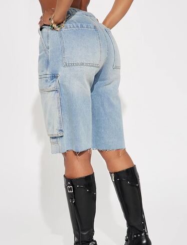 Women's High Waist Denim Shorts Straight Leg Raw Hem Jean Shorts Summer Hot Pants with Pockets in Saudi Arabia