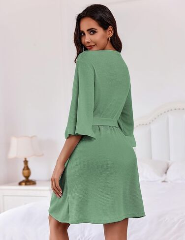 Ekouaer رداء وافل نسائي 3/4 كم كشكش منسوج رداء حمام ناعم خفيف الوزن بطول الركبة رداء للاستلقاء S-XXL in Saudi Arabia