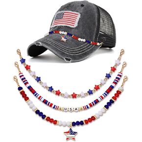 3PCS Trucker Hat Chains 4th of July Trucker Hat Chains Hat Accessories Detachable Red White and Blue Patriotic Star Heishi Crystal Beaded Chains for Mesh Baseball Cap Accessories Party Supplies