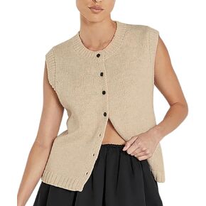 Women Knit Sweater Vest Shirts Open Front Button Down Knitwear Crewneck Sleeveless Cardigan Tank Casual Summer