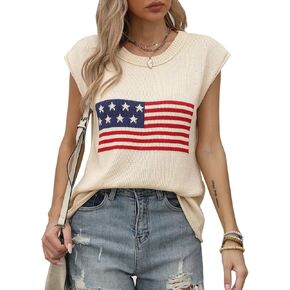 Alsol Lamesa Women’s American Flag Graphic Cap Sleeve Vest Knit Lightweight Sweater Crew Neck Tank Top 2024