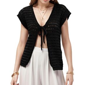 Yimoon Womens Tie Front Crochet Shrug Hollow Out Short Sleeve Knit Cardigan Cropped Sweater Cover Up