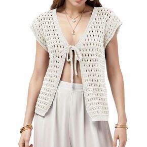 Yimoon Womens Tie Front Crochet Shrug Hollow Out Short Sleeve Knit Cardigan Cropped Sweater Cover Up