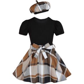 Girl's Three Piece Outfit Short Sleeve Ribbed Knit T Shirt and Plaid Print Bow Belted Ruffle Mini Skirt Set with Hat