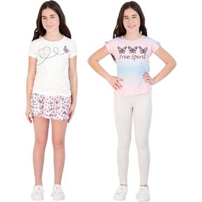 Girls 4 Piece Leggings Skirt and Short Sleeve Fashion Tops Set for Kids Children’s Clothes